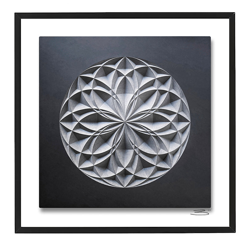 Zoë's artistry is beautifully showcased in the "Flourish" framed geometric art piece by Zoë Wilson Sculpture. This stunning creation features a symmetrical, three-dimensional circular design with a floral-like pattern of overlapping shapes in shades of gray set against a dark background. International shipping ensures this captivating art print reaches every corner of the globe.