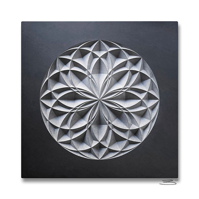 Zoë Wilson Sculpture's "Flourish" brilliantly captures Zoë's artistry in this geometric sculpture. The piece features an intricate circular design of overlapping silver arcs and shapes set against a dark background, resembling a modern mandala with its breathtaking three-dimensional effect.