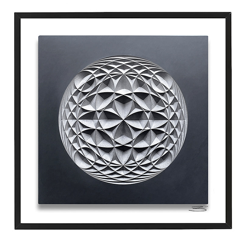 The "Merak" by Zoë Wilson Sculpture is an abstract unframed artwork that features a three-dimensional geometric sphere made up of interlocking triangles and circles in monochrome tones. Its intricate design offers depth and symmetry against a dark background, making it ideal for A3 art prints.