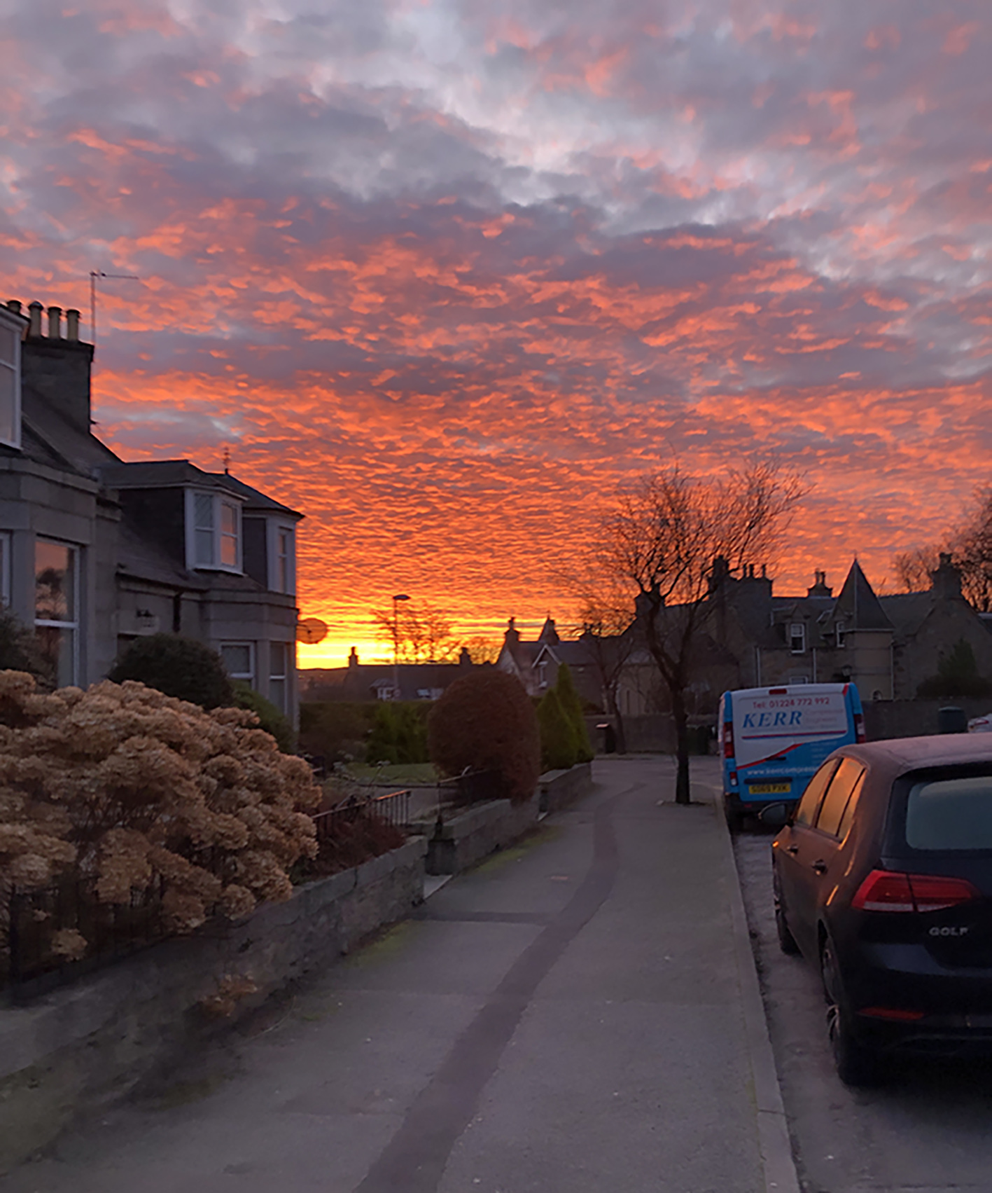 Sunset looking down Zoë's street in Aberdeen